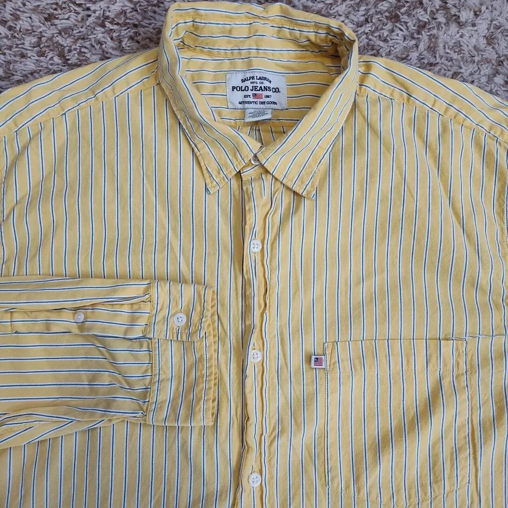 Ralph Lauren Polo Jeans Co Men Size XL Striped Long Sleeve Button Up Yellow